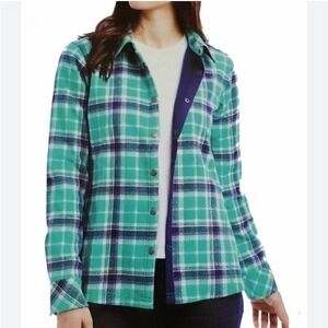 Orvis Fleece Lined Flannel Shirt Jacket Womens Medium Green Plaid Snap